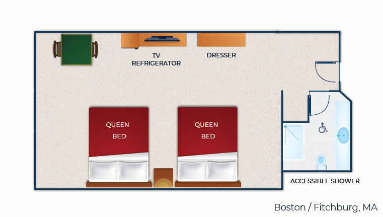 The floor plan for the accessible Shower Double Queen Suite